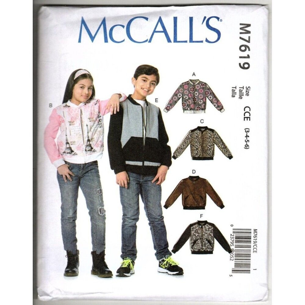 McCall's M7619 Unisex Kids 3 to 6 Lined Zip Front Jacket Sewing Pattern New